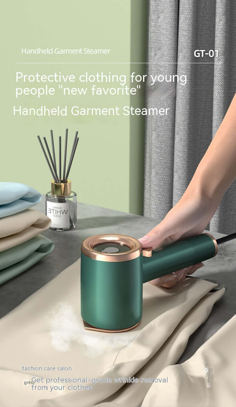 mini portable garment steamer in green, used on clothes, ideal for travel and quick wrinkle removal.