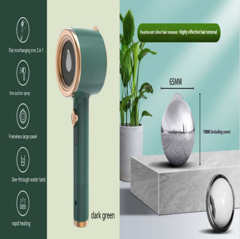 Mini portable garment steamer in dark green, featuring a flat iron/hanging iron 2 in 1 design and rapid heating.