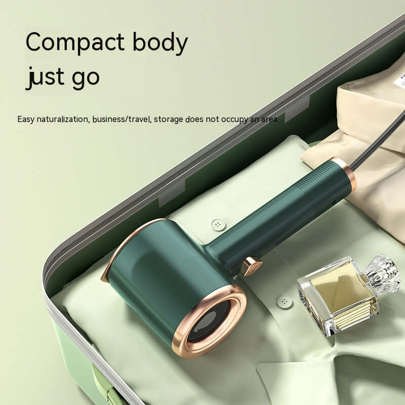 mini portable garment steamer in a suitcase, compact design for travel and easy storage.