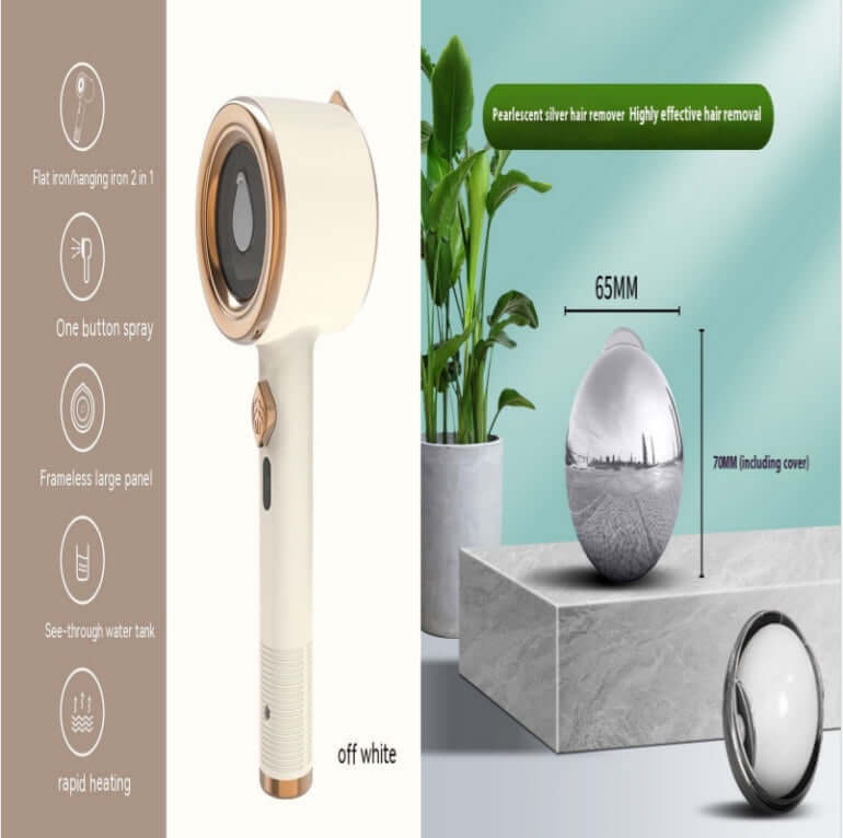 Mini portable garment steamer in dark green, featuring a flat iron/hanging iron 2 in 1 design and rapid heating.