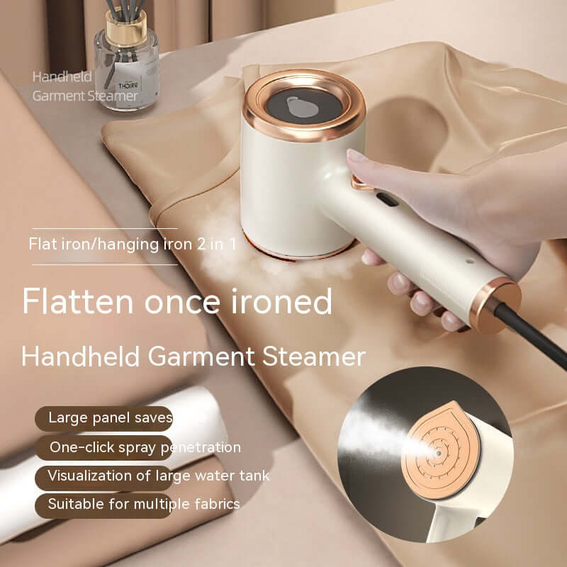 Mini portable garment steamer in use, featuring a sleek design and dual functionality for easy wrinkle removal.