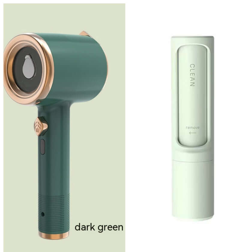 Mini portable garment steamer in dark green, featuring a flat iron/hanging iron 2 in 1 design and rapid heating.