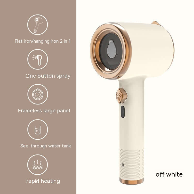 mini portable garment steamer in off white with flat iron and hanging iron features