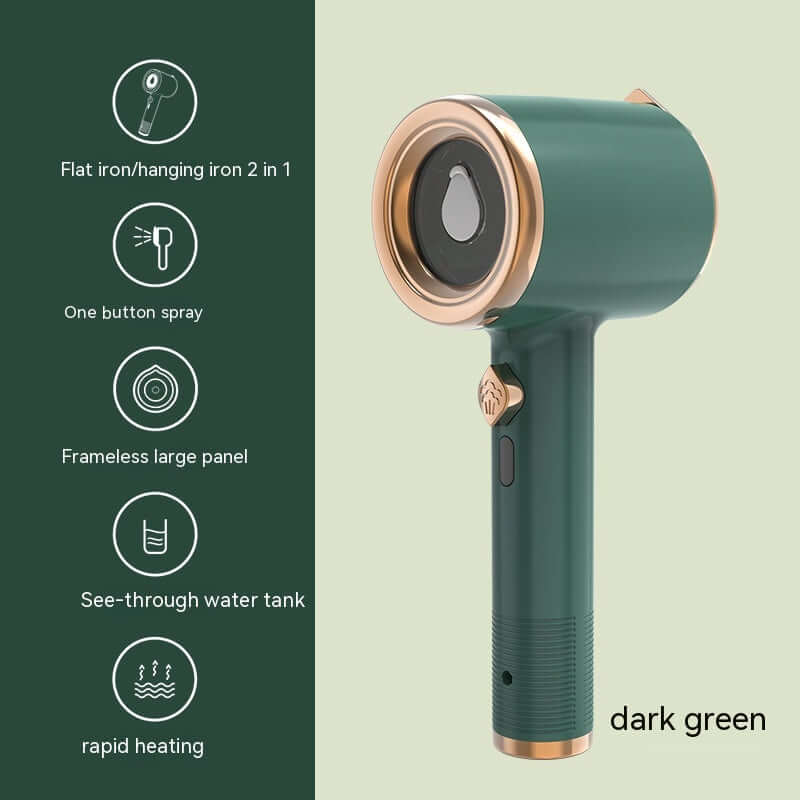 Mini portable garment steamer in dark green, featuring a flat iron/hanging iron 2 in 1 design and rapid heating.