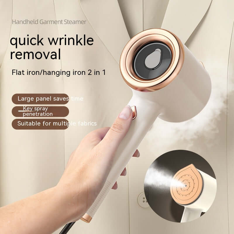 Mini portable garment steamer for quick wrinkle removal, featuring a flat iron and hanging iron 2 in 1 design.