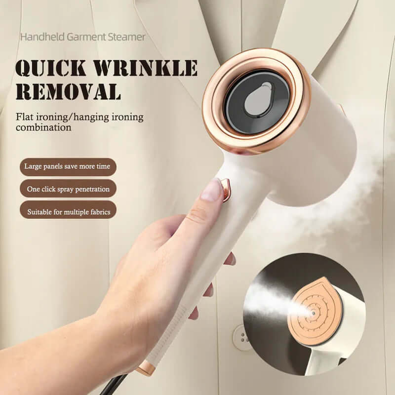 mini portable garment steamer in hand demonstrating quick wrinkle removal features for easy ironing on multiple fabrics.