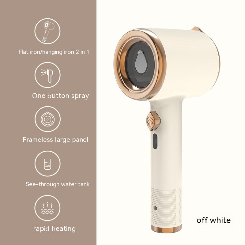 mini portable garment steamer in off white with flat iron and hanging iron features